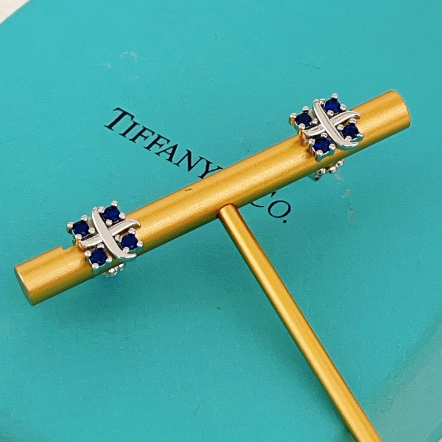 Tiffany Tiffany T earrings sterling silver with deep blue sapphire stones 8mm stud diameter