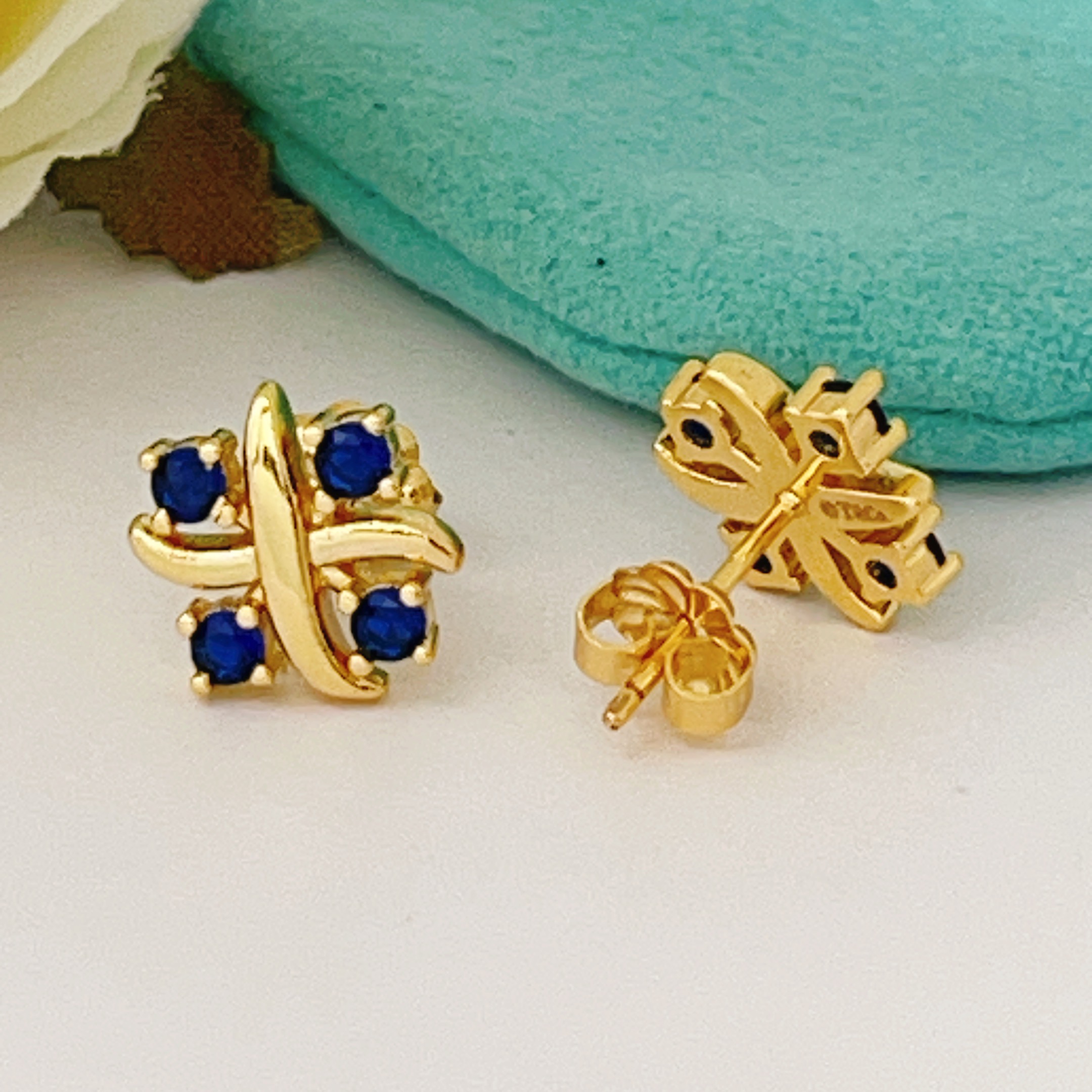 Tiffany Signature X earrings yellow gold with blue sapphire stones 8mm stud diameter