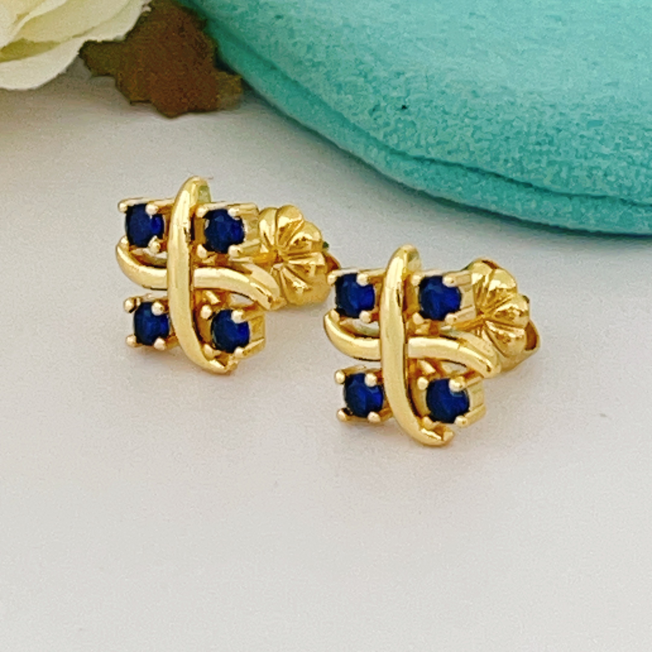 Tiffany Signature X earrings yellow gold with blue sapphire stones 8mm stud diameter