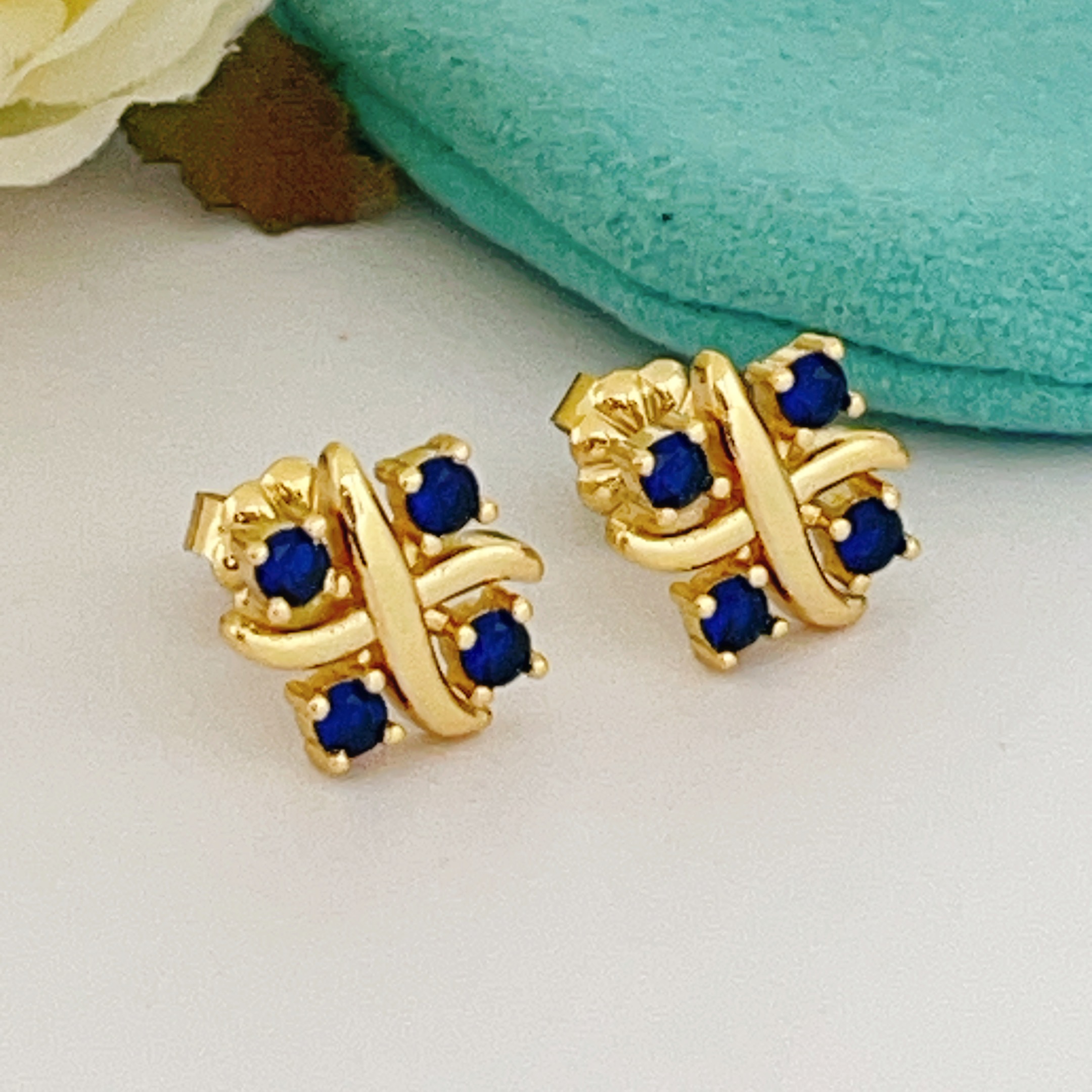 Tiffany Signature X earrings yellow gold with blue sapphire stones 8mm stud diameter