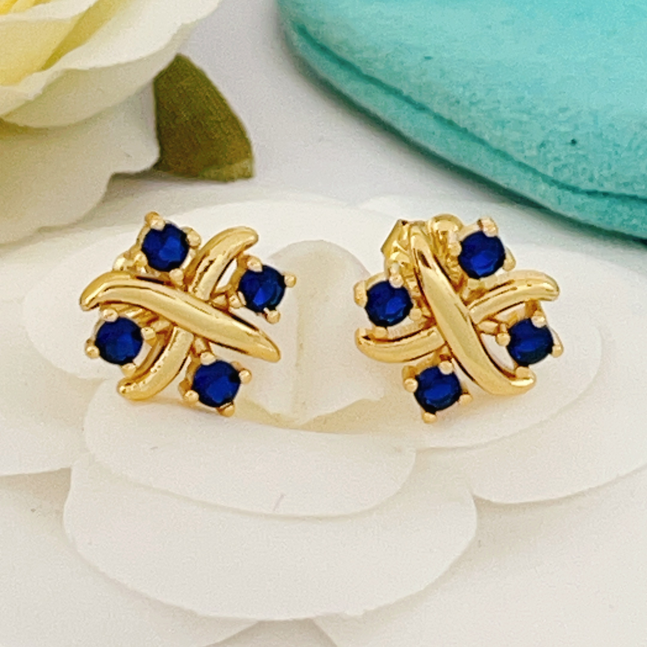 Tiffany Signature X earrings yellow gold with blue sapphire stones 8mm stud diameter