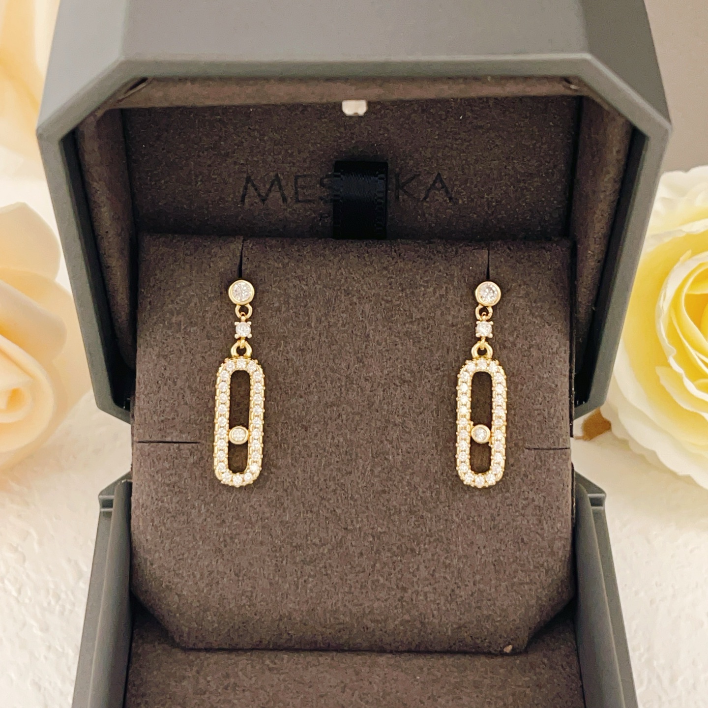 Messika Move Uno earrings yellow gold with clear diamond simulants 2 5cm drop length