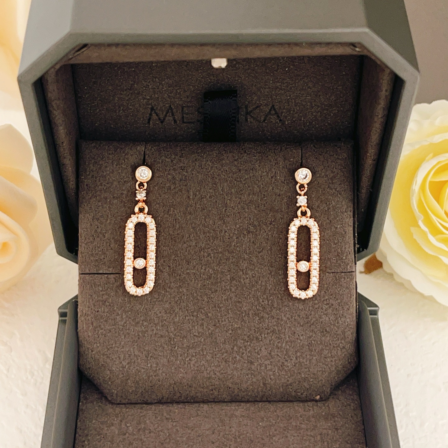 Messika Move Uno earrings rose gold with clear diamonds 2 5cm drop length