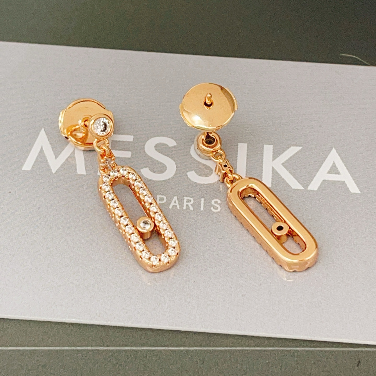 Messika Move Uno earrings rose gold with clear diamonds 2 5cm drop length