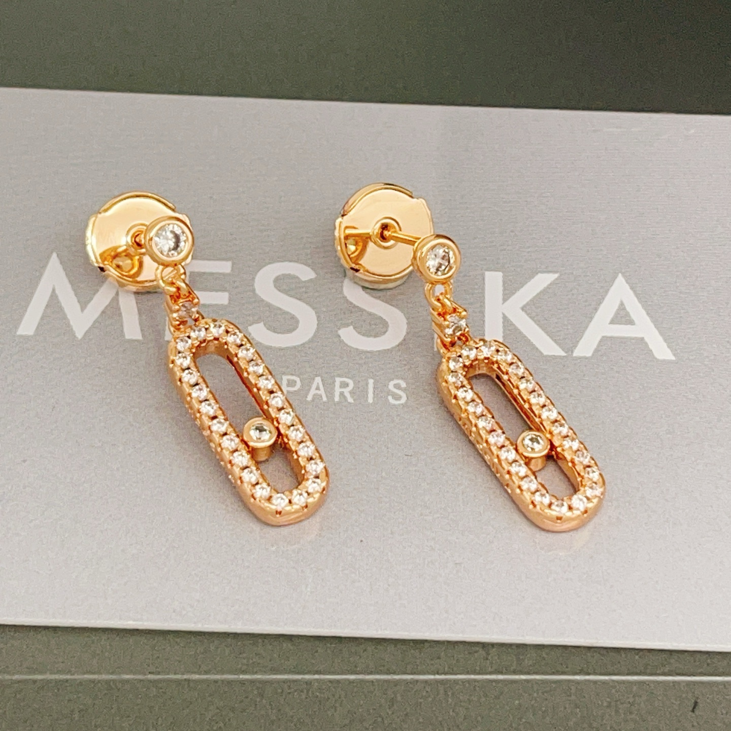 Messika Move Uno earrings rose gold with clear diamonds 2 5cm drop length