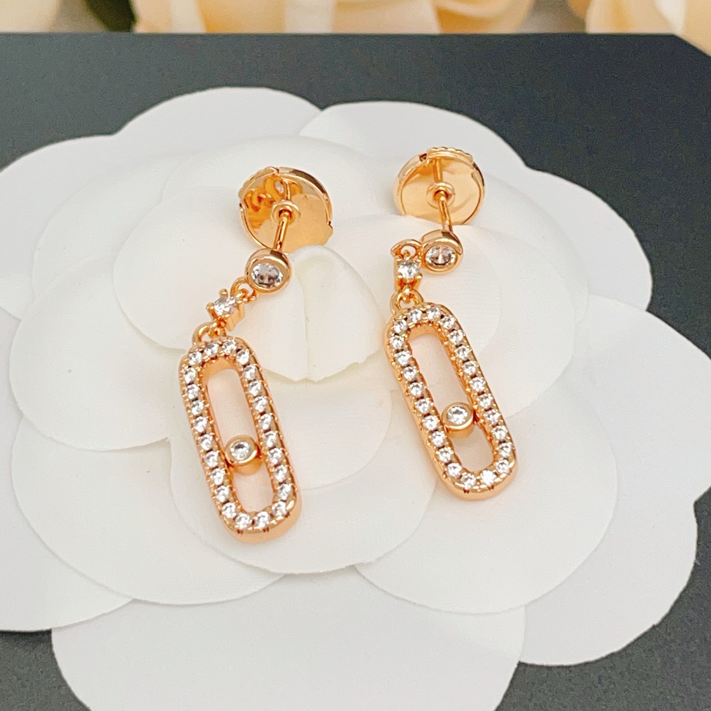 Messika Move Uno earrings rose gold with clear diamonds 2 5cm drop length