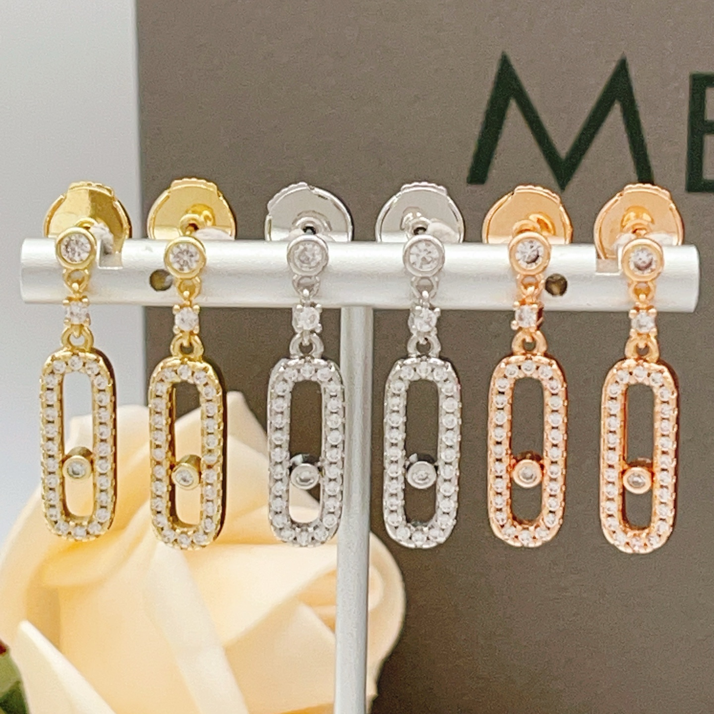 Messika Move Uno earrings rose gold with clear diamonds 2 5cm drop length