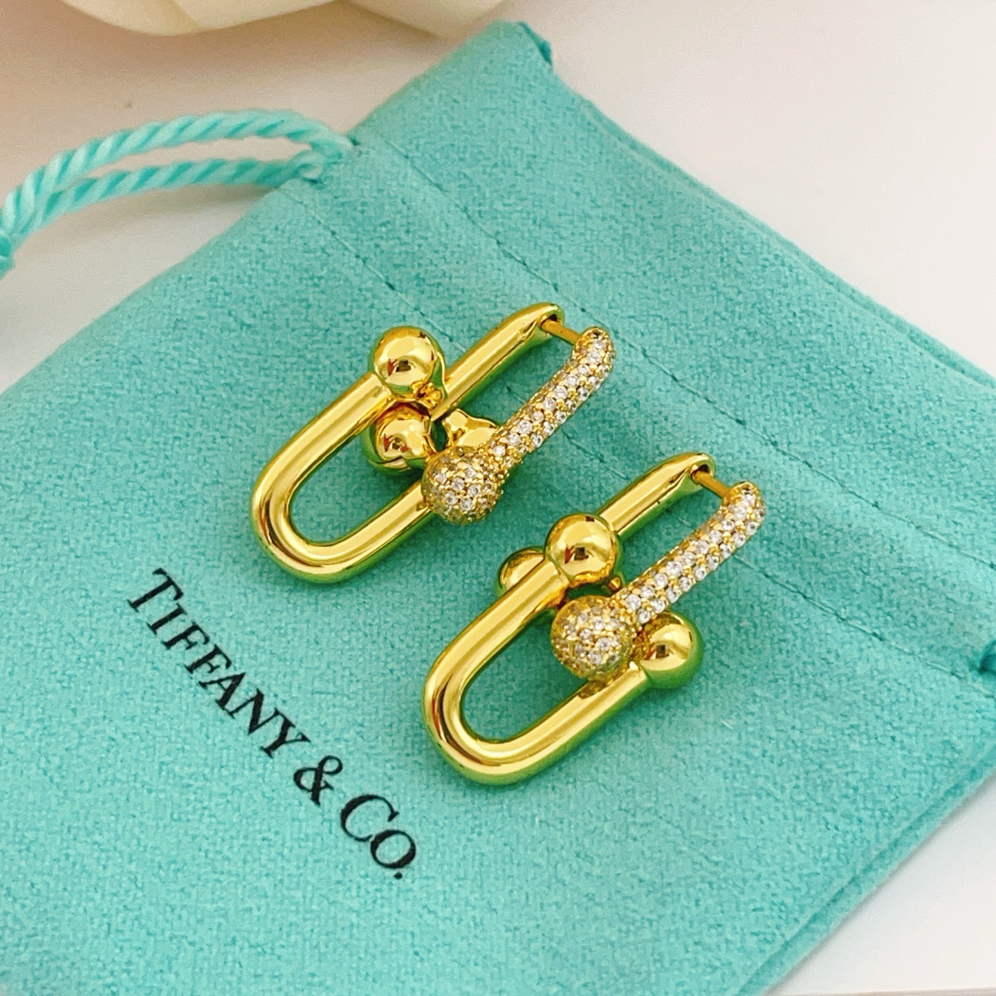 Tiffany Co HardWear earrings 18k yellow gold with pave set clear diamonds 2 5cm length