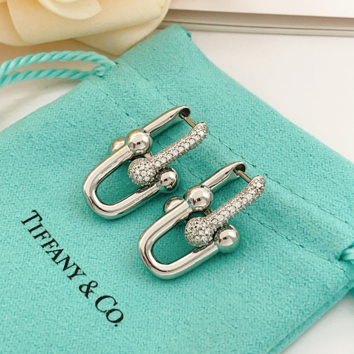 Tiffany Co HardWear earrings silver-toned metal with clear pave diamonds 2 5cm drop length