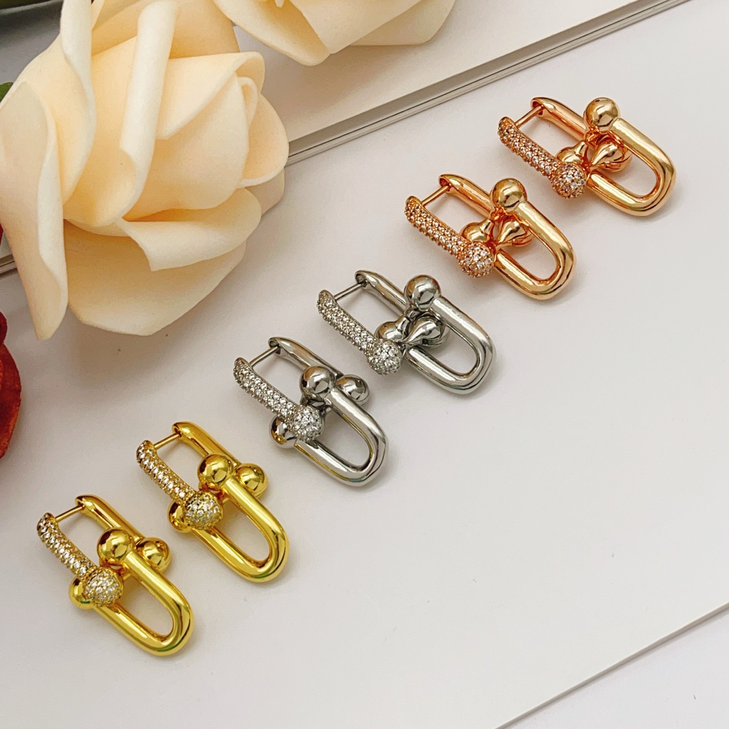 Tiffany Co Tiffany HardWear earrings 18k rose gold with pave set clear diamonds 2 2cm length