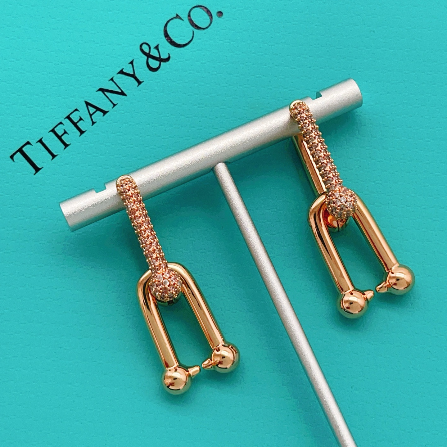 Tiffany HardWear earrings rose gold metal with clear pave diamonds 3 5cm drop length
