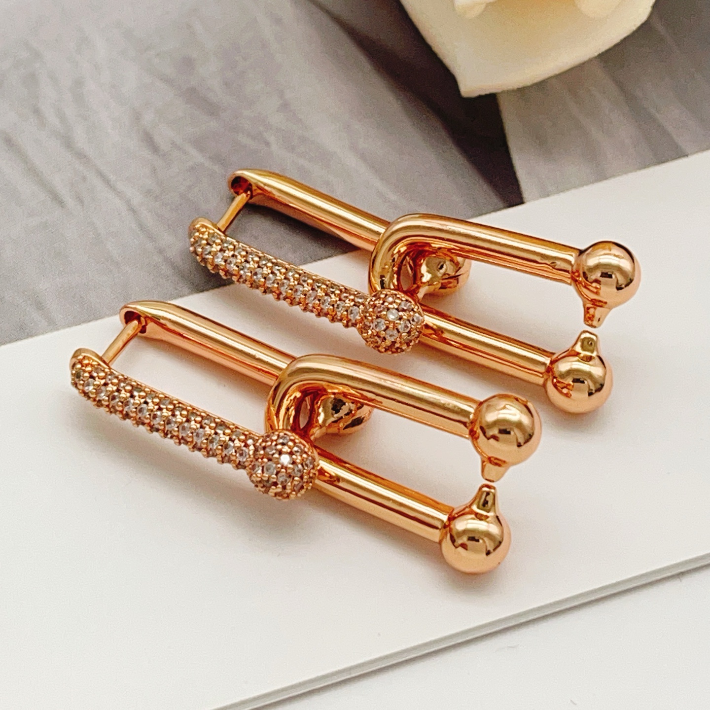 Tiffany HardWear earrings rose gold metal with clear pave diamonds 3 5cm drop length