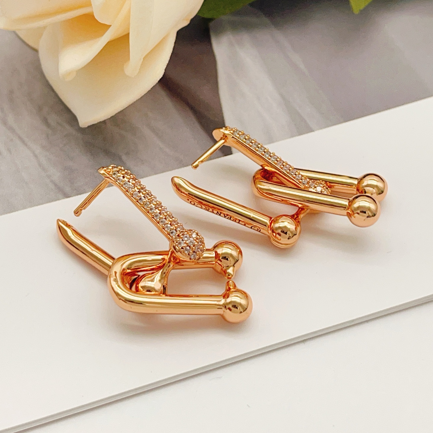 Tiffany HardWear earrings rose gold metal with clear pave diamonds 3 5cm drop length