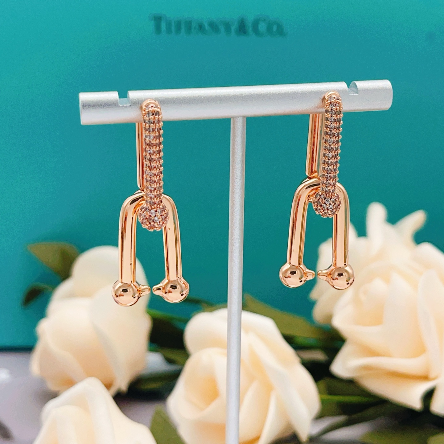 Tiffany HardWear earrings rose gold metal with clear pave diamonds 3 5cm drop length