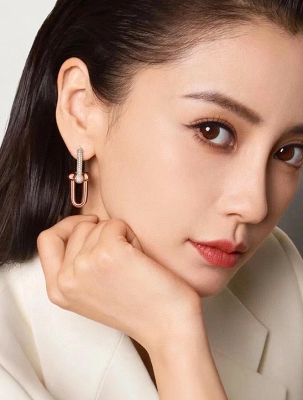 Tiffany HardWear earrings rose gold metal with clear pave diamonds 3 5cm drop length