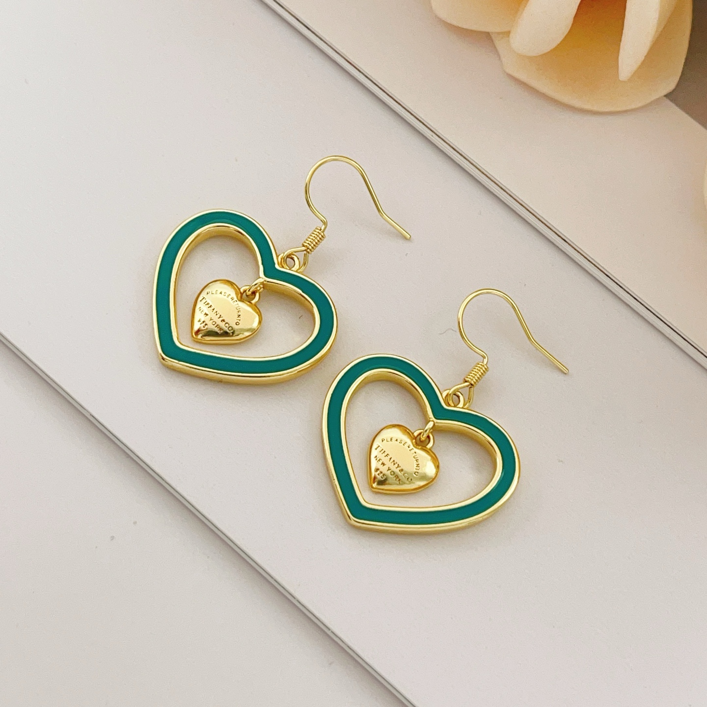 Tiffany Co Return to Tiffany Double Heart earrings gold-tone metal with teal enamel 3 5cm drop length