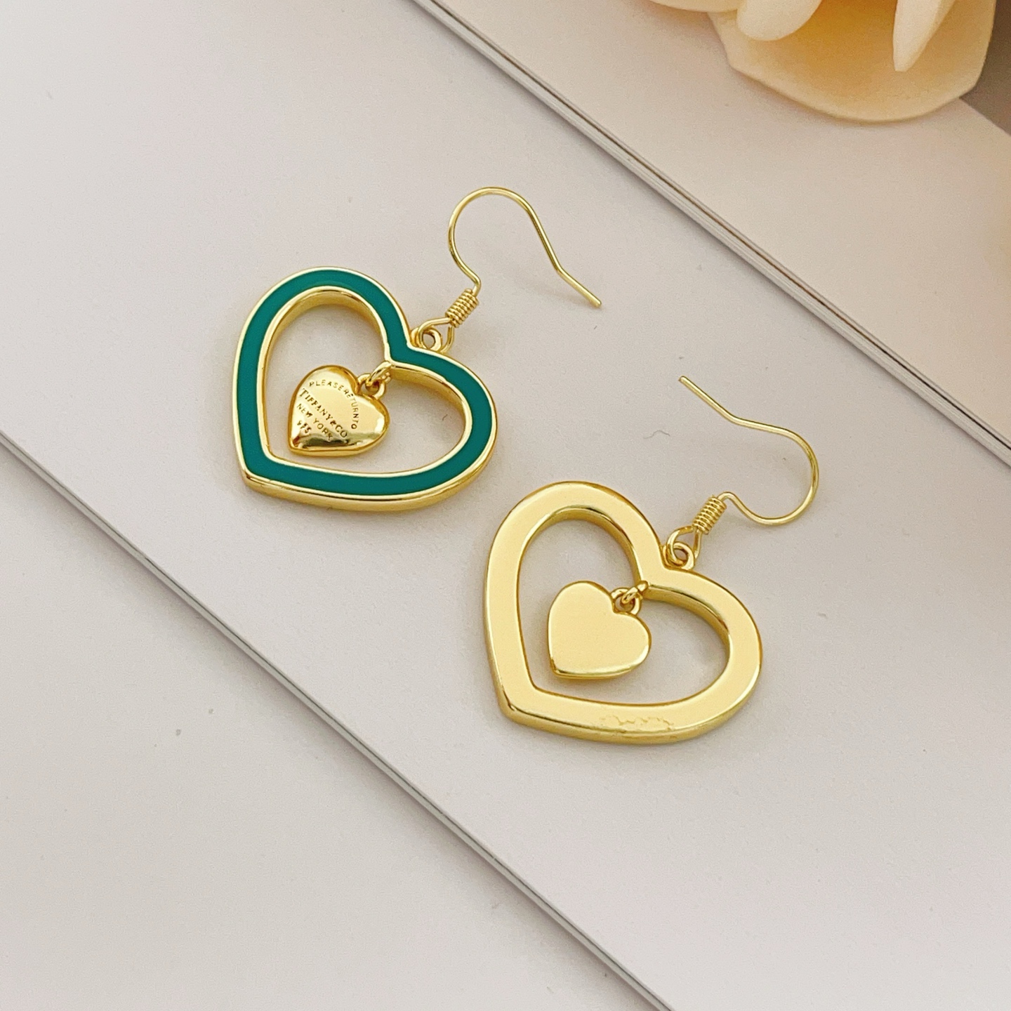 Tiffany Co Return to Tiffany Double Heart earrings gold-tone metal with teal enamel 3 5cm drop length