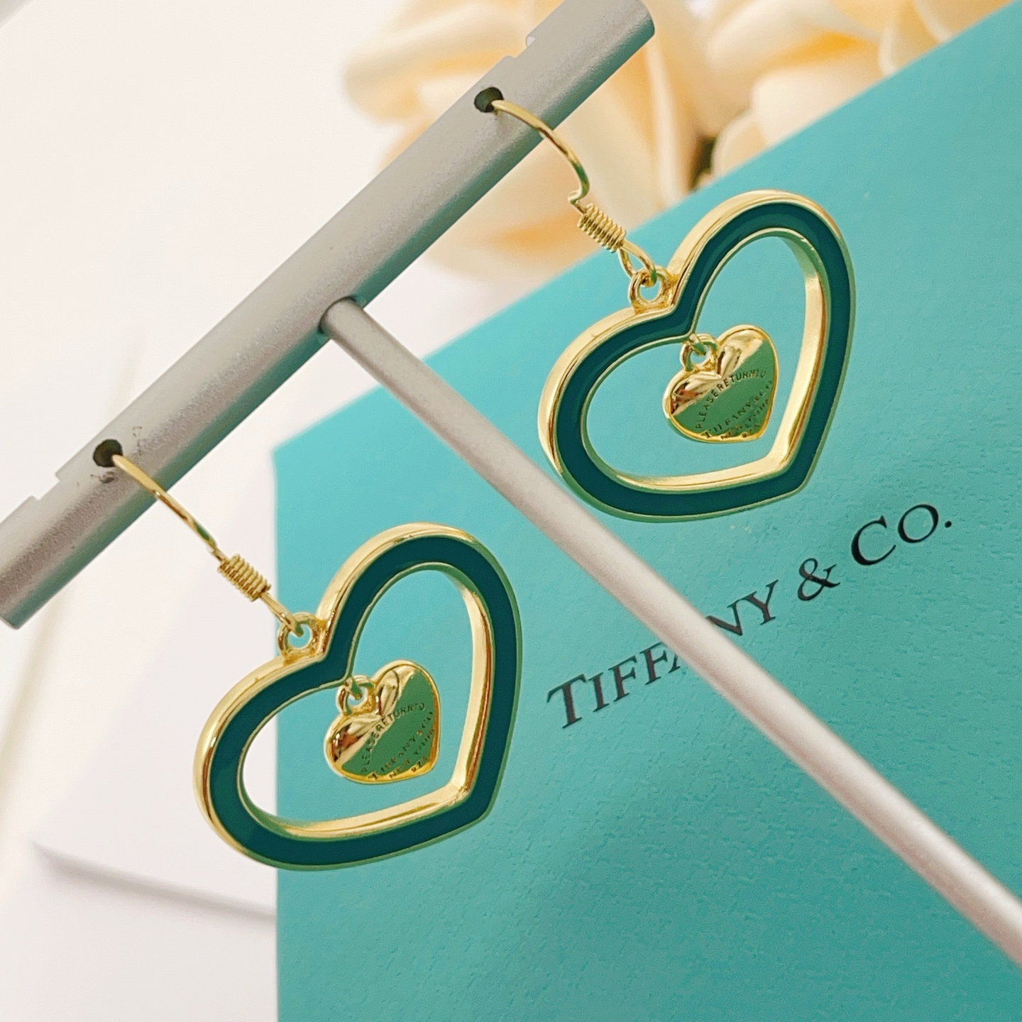 Tiffany Co Return to Tiffany Double Heart earrings gold-tone metal with teal enamel 3 5cm drop length