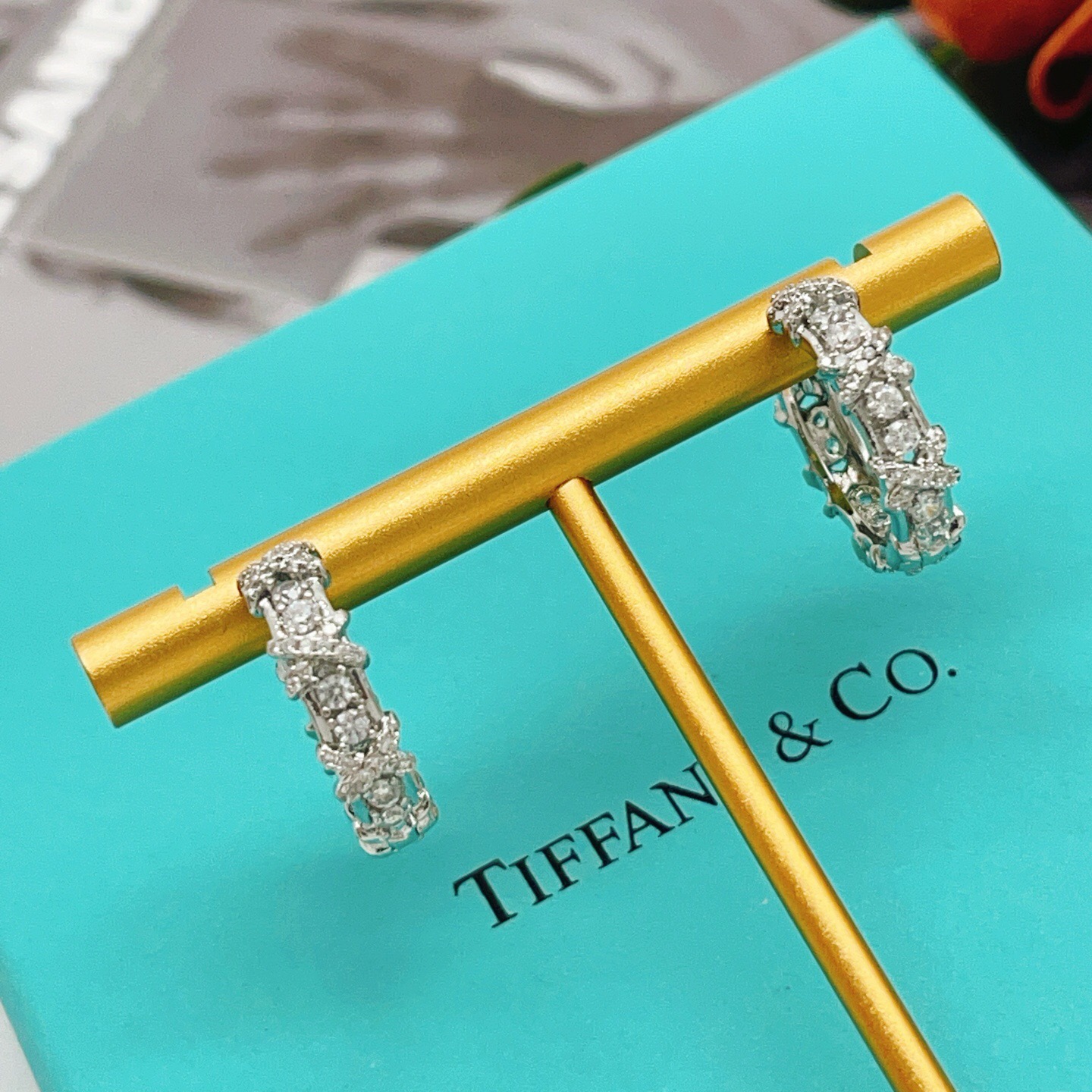 Tiffany Co Sixteen Stone earrings silver-toned white gold with clear diamond accents 15mm hoop diameter