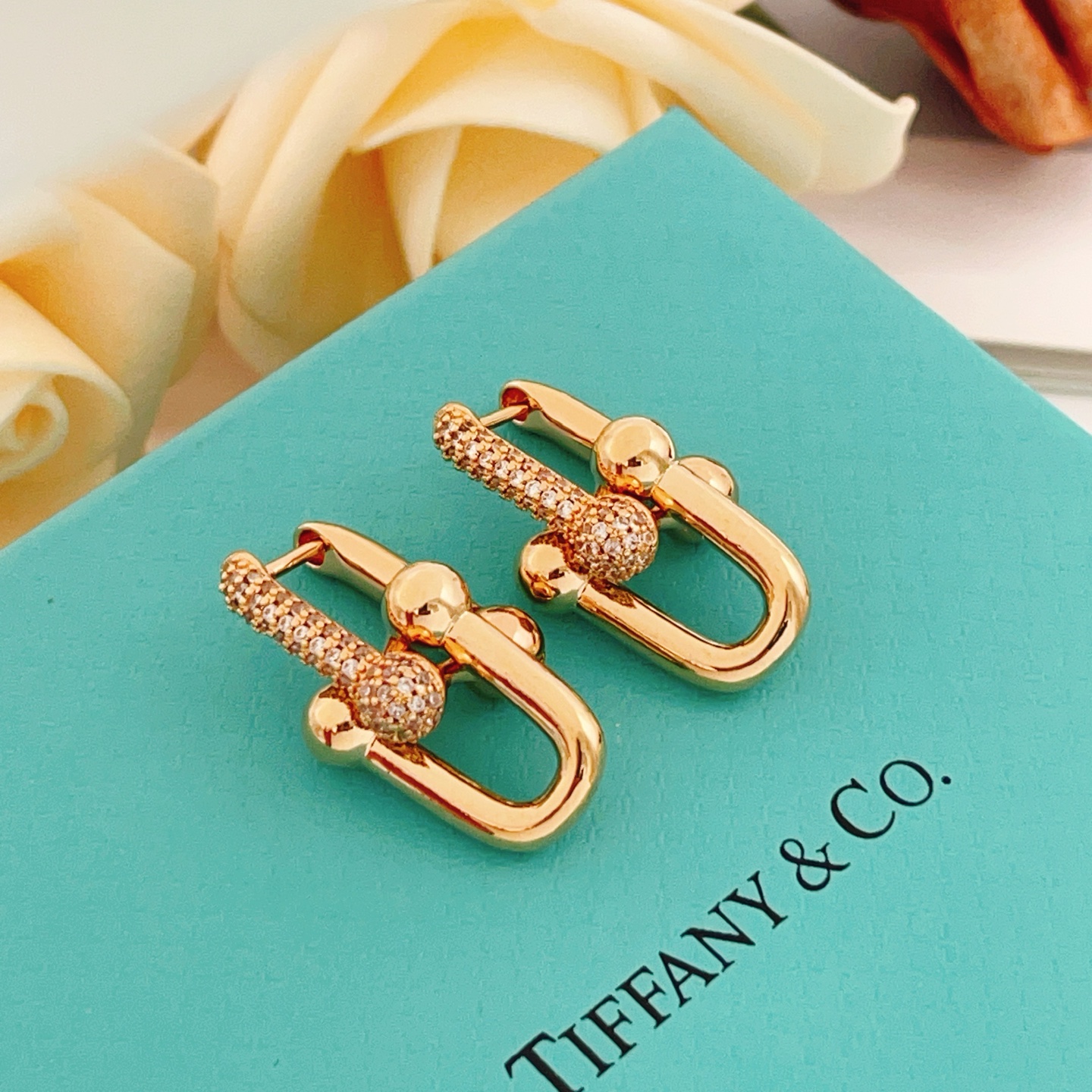 Tiffany Co Tiffany HardWear earrings 18k rose gold with pave set clear diamonds 2 2cm length