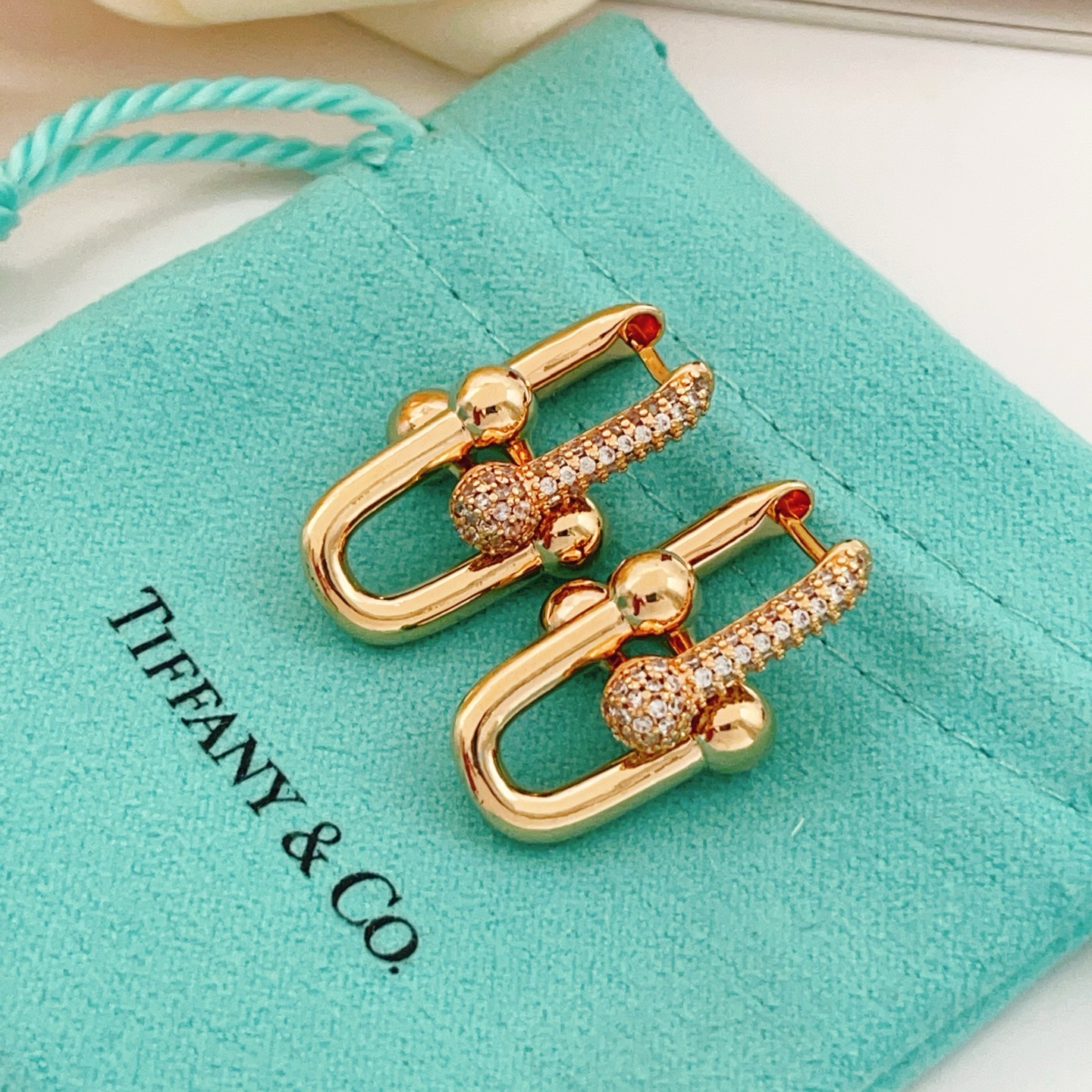 Tiffany Co Tiffany HardWear earrings 18k rose gold with pave set clear diamonds 2 2cm length