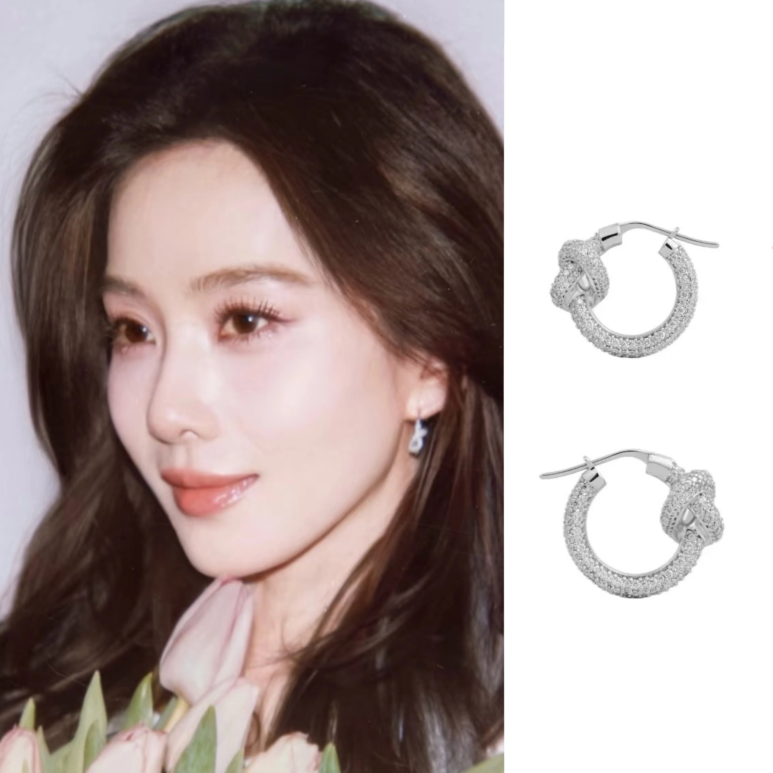 Tiffany Co Knot earrings yellow gold metal with clear pave diamonds 15mm hoop diameter