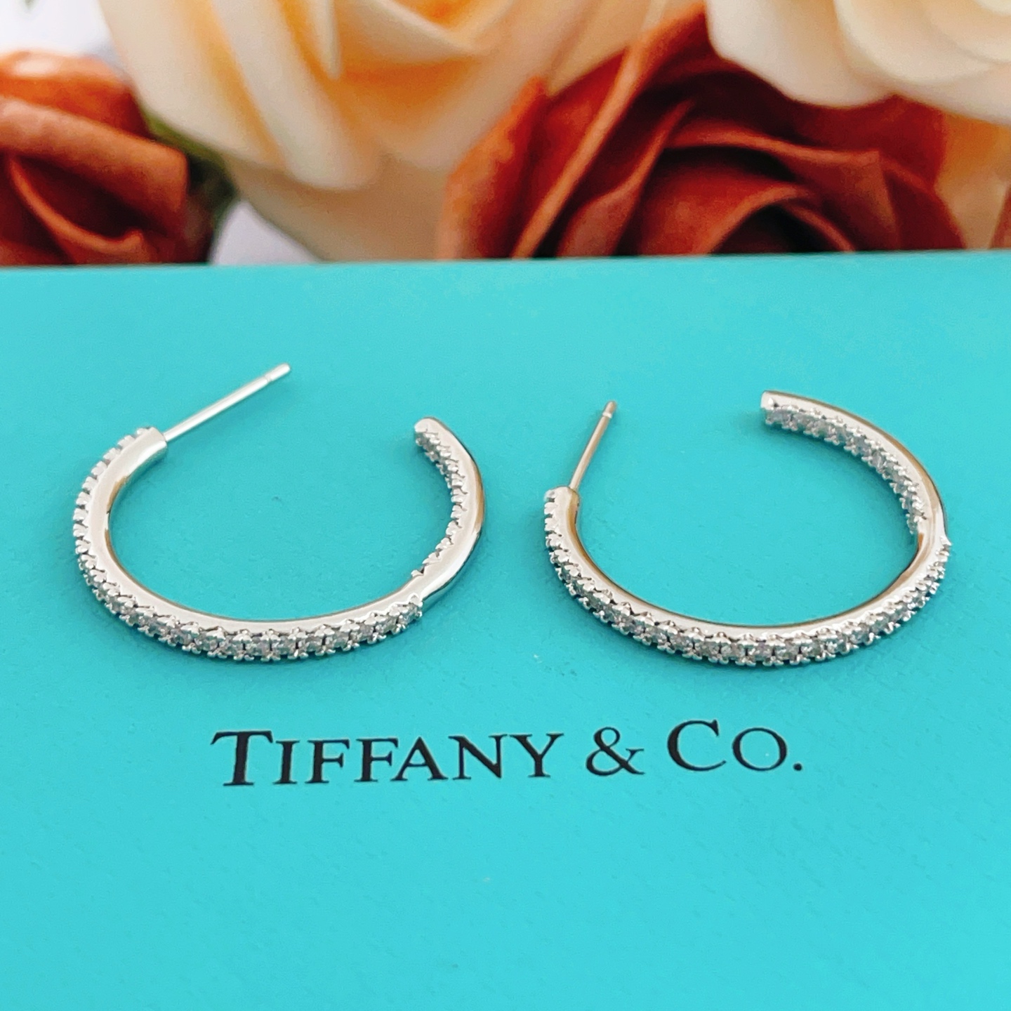 Tiffany Co Metro Hoop earrings sterling silver metal with clear diamond stones 25mm hoop diameter