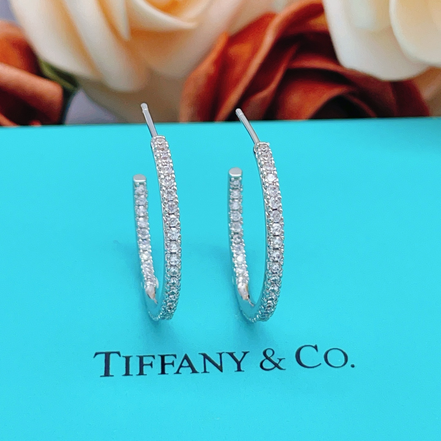 Tiffany Co Metro Hoop earrings sterling silver metal with clear diamond stones 25mm hoop diameter