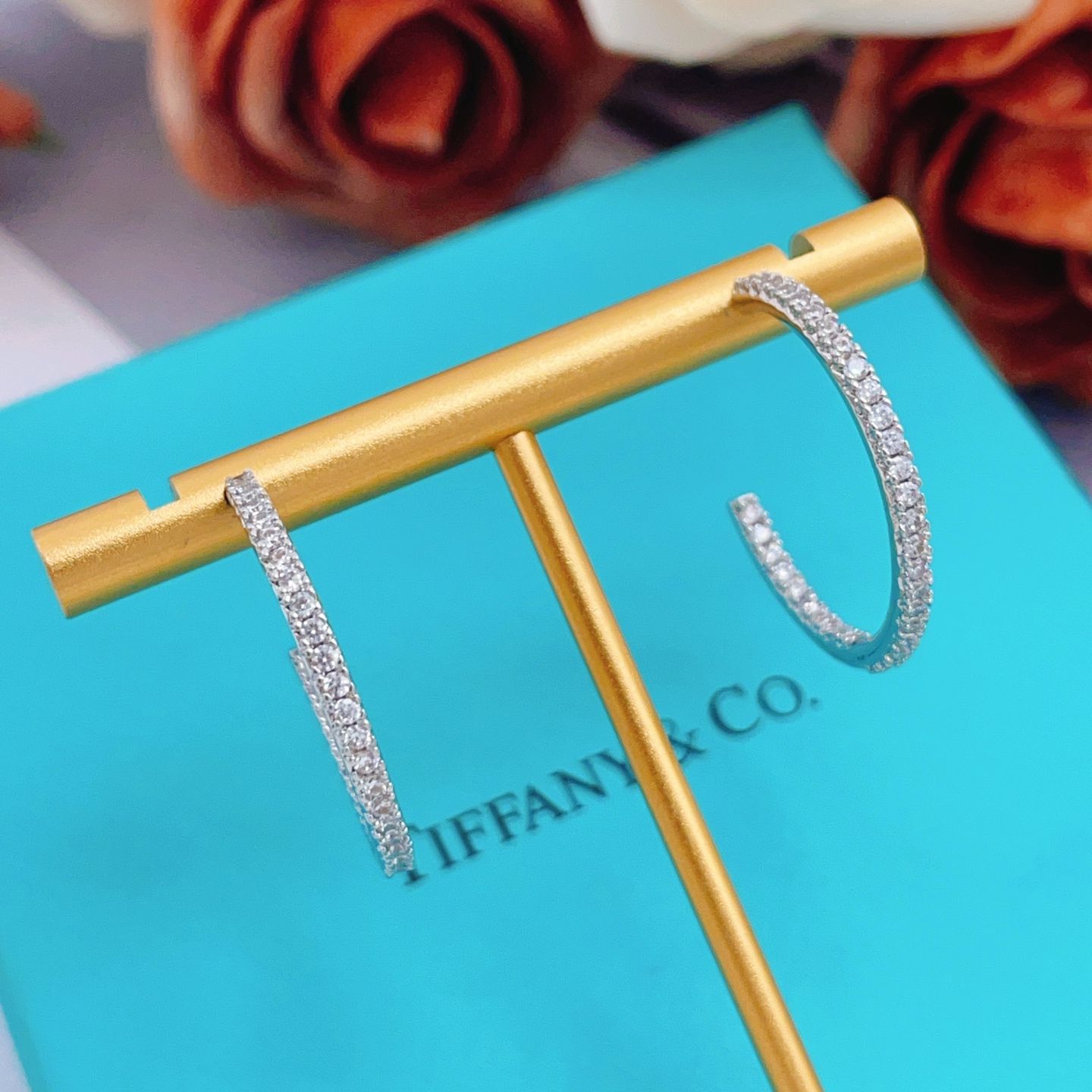 Tiffany Co Metro Hoop earrings sterling silver metal with clear diamond stones 25mm hoop diameter