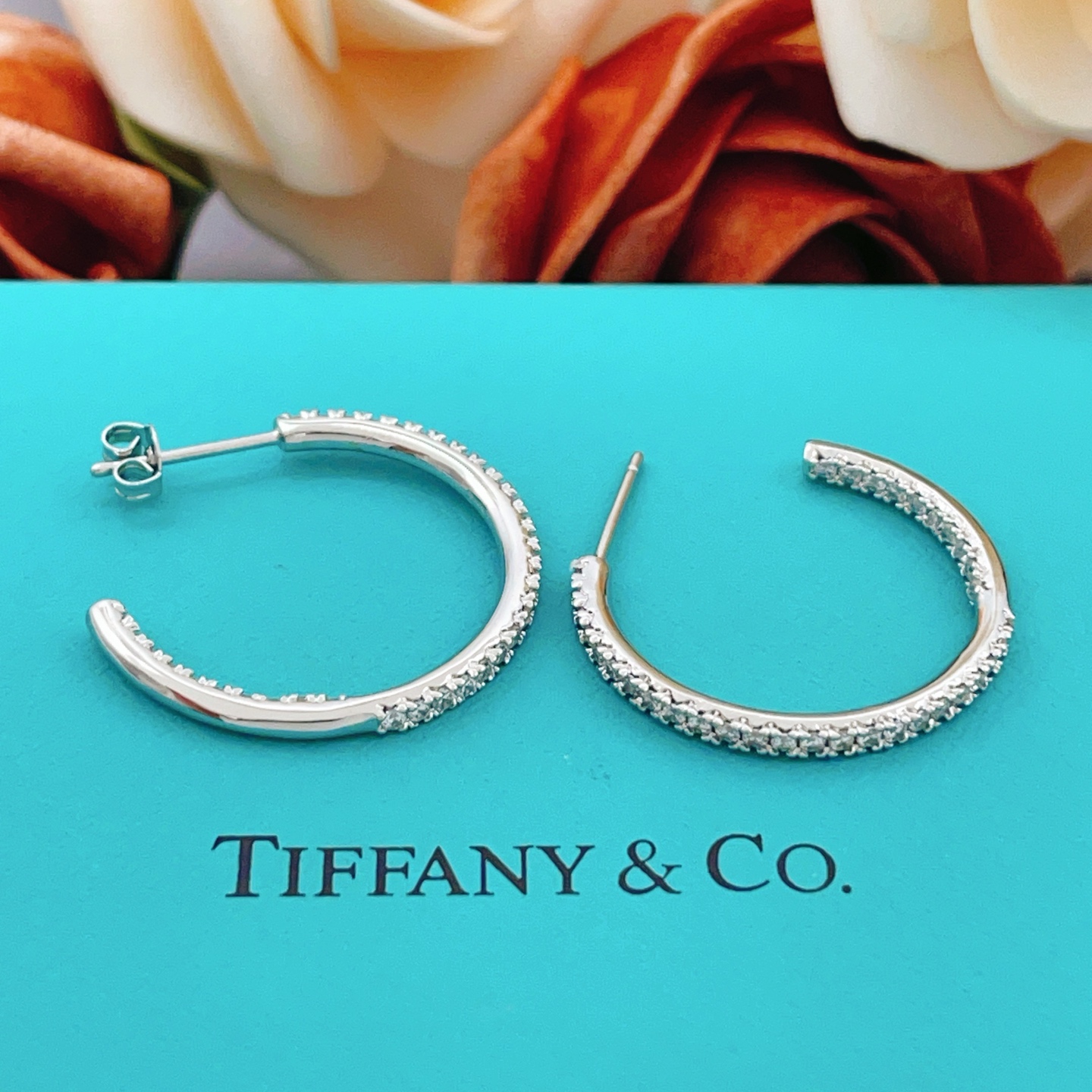 Tiffany Co Metro Hoop earrings sterling silver metal with clear diamond stones 25mm hoop diameter
