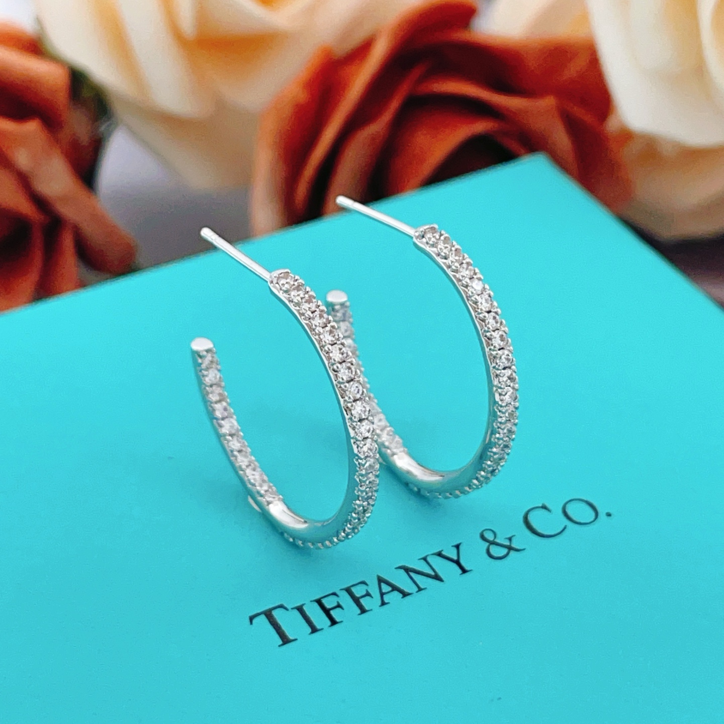 Tiffany Co Metro Hoop earrings sterling silver metal with clear diamond stones 25mm hoop diameter