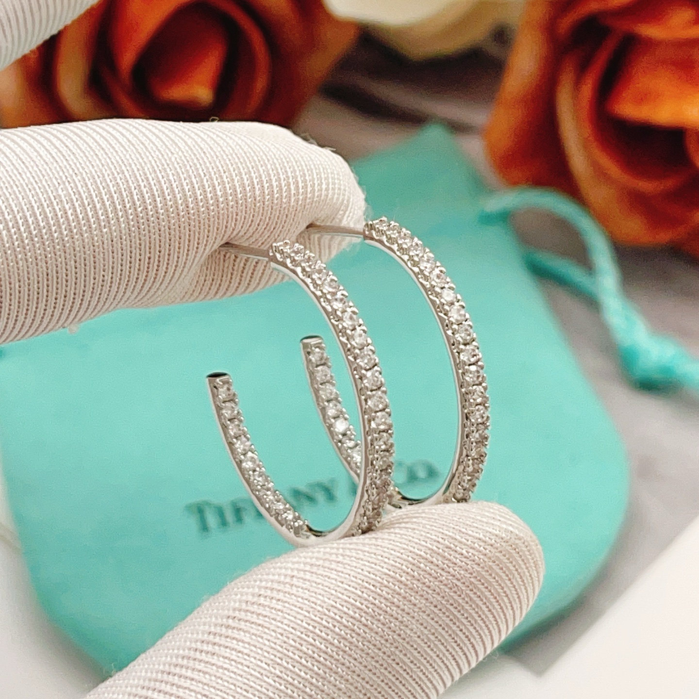 Tiffany Co Metro Hoop earrings sterling silver metal with clear diamond stones 25mm hoop diameter