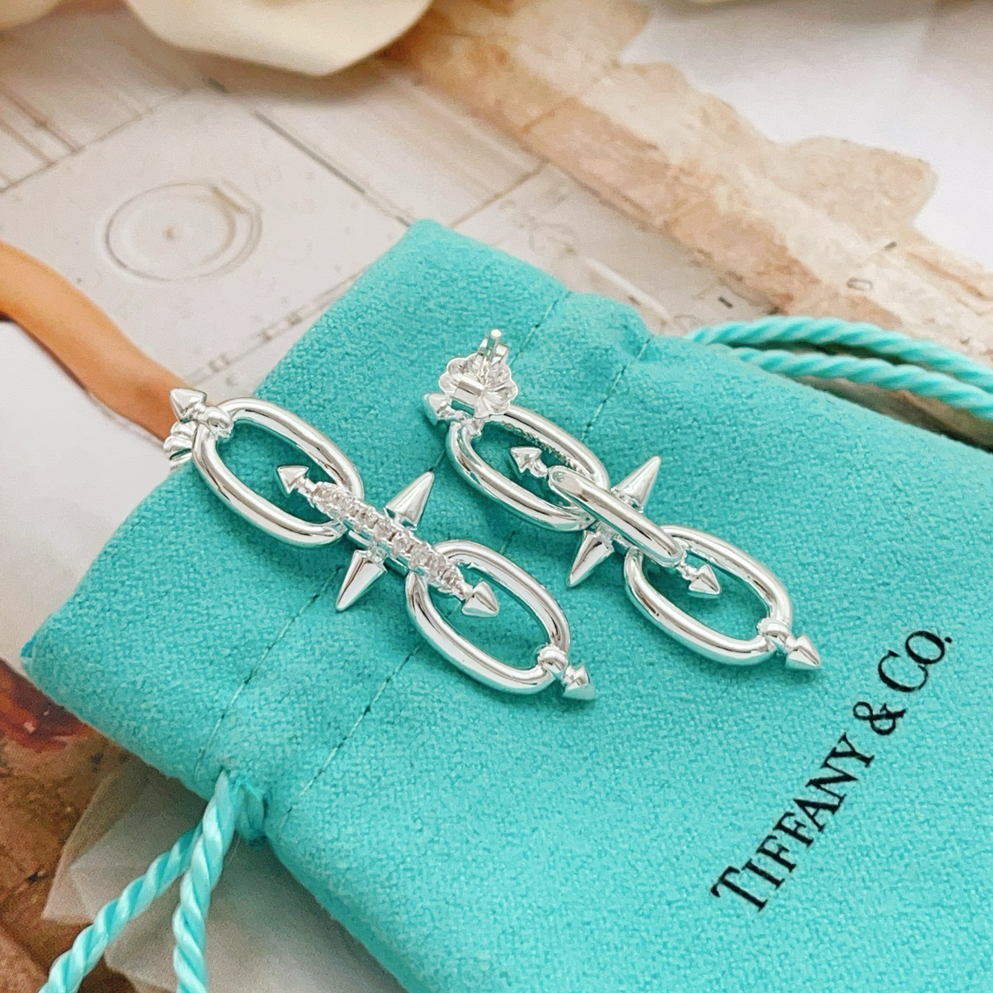 Tiffany Co Titan by Pharrell Williams Double Link Drop Earrings earrings sterling silver with clear diamond pave accents 4 5cm drop length