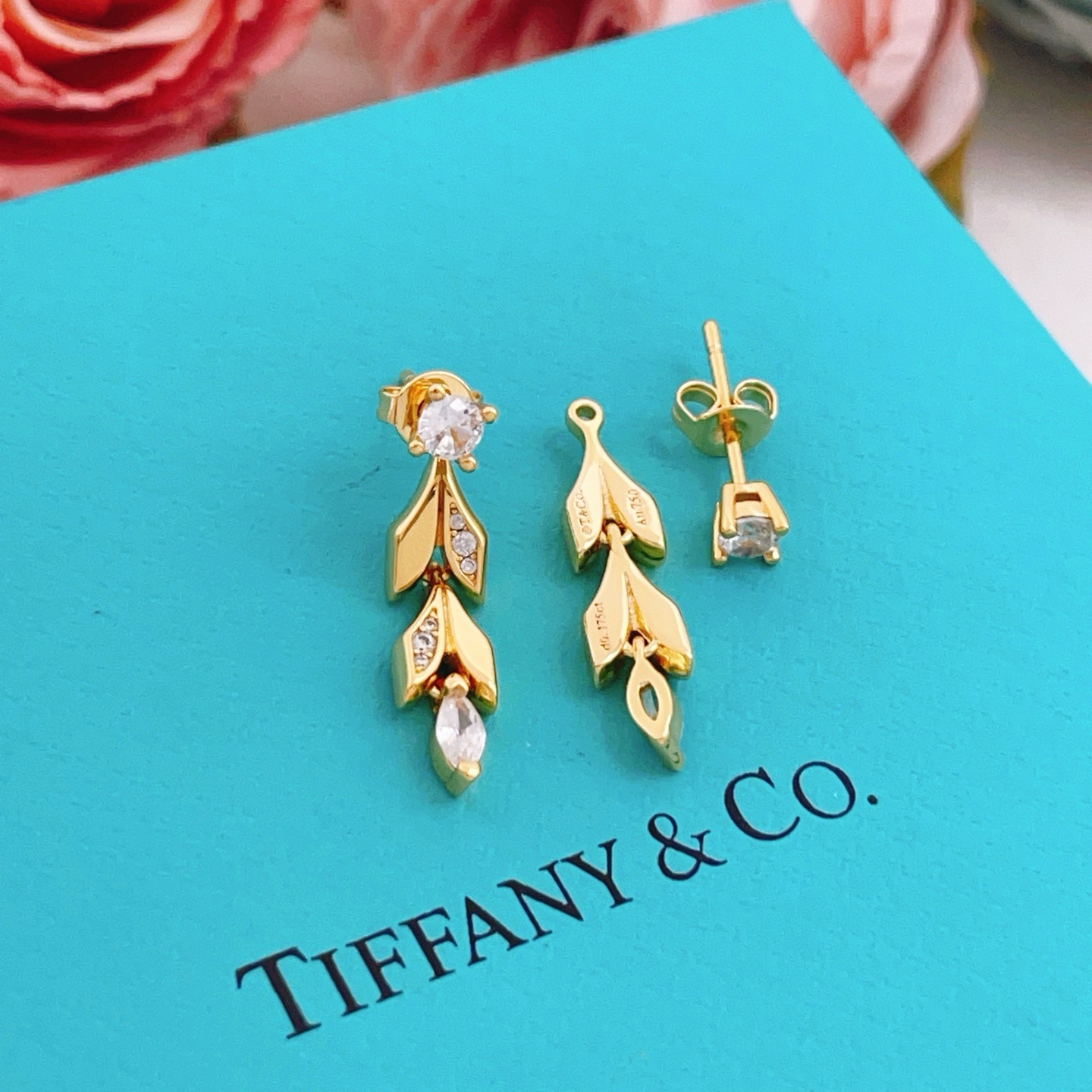 Tiffany Co Leaf Drop earrings yellow gold with clear faceted gemstones 2 5cm drop length