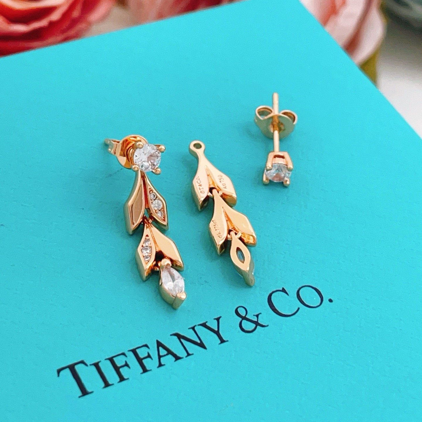 Tiffany Co Leaf Drop earrings Rose gold metal with clear faceted gemstones 2 5cm drop length