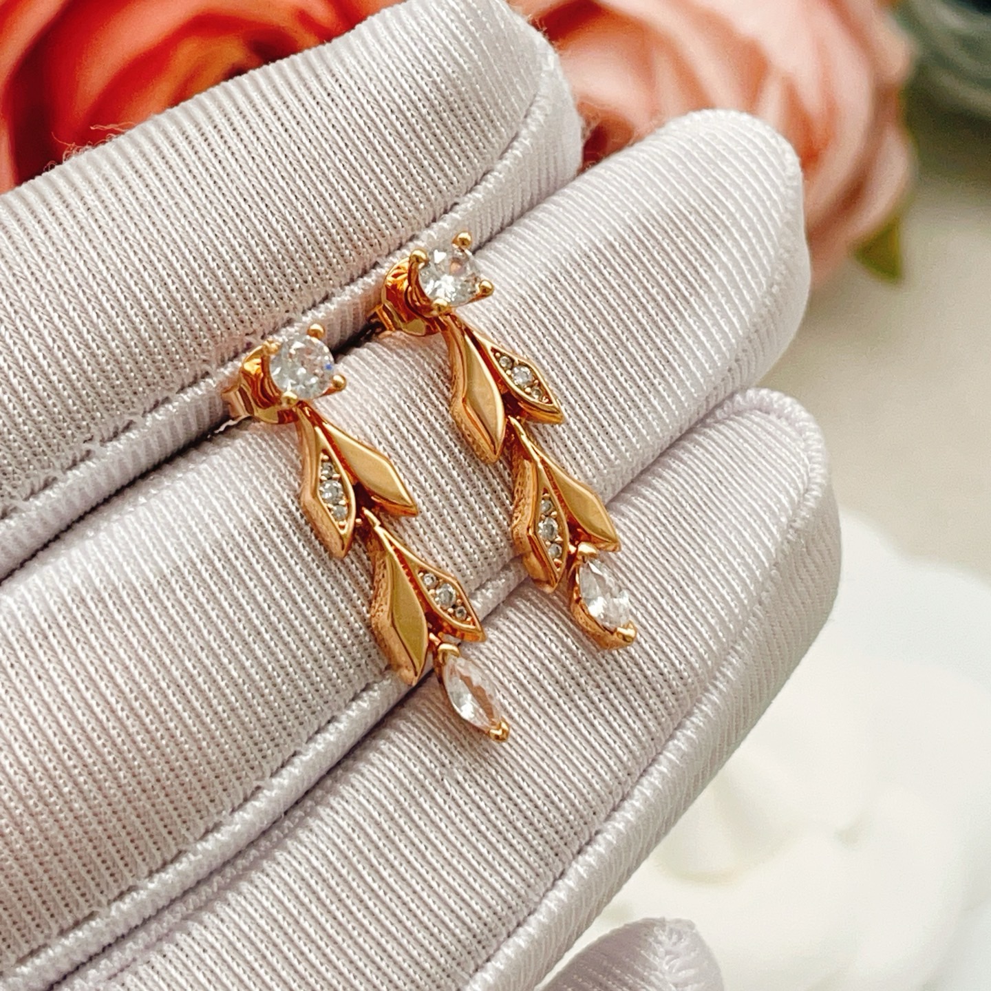 Tiffany Co Leaf Drop earrings Rose gold metal with clear faceted gemstones 2 5cm drop length