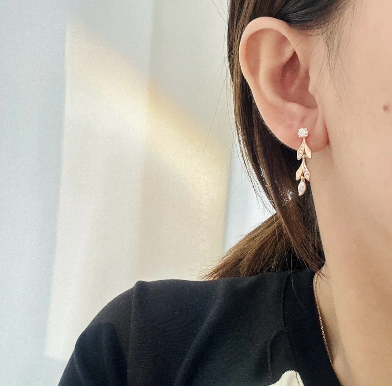 Tiffany Co Leaf Drop earrings Rose gold metal with clear faceted gemstones 2 5cm drop length