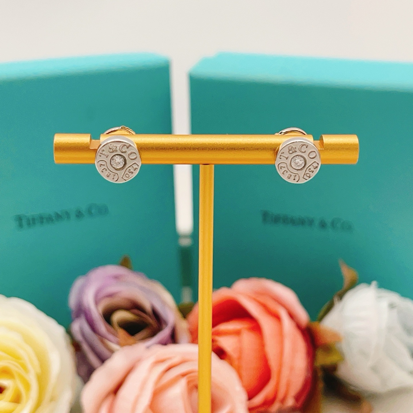 Tiffany Co 1837 earrings 18k white gold clear diamond 8mm stud diameter