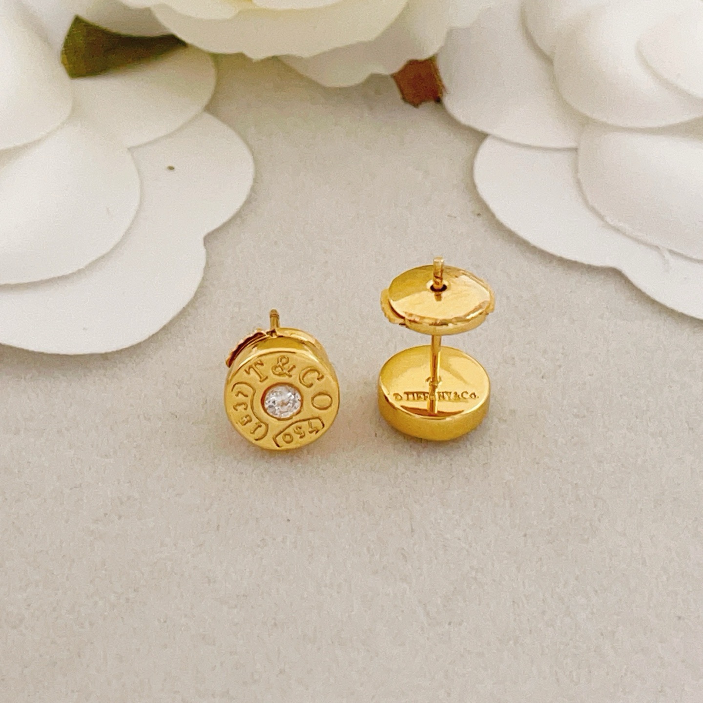 Tiffany Co 1837 Circle Stud Earrings earrings 18k yellow gold with clear round diamond accents 8mm diameter
