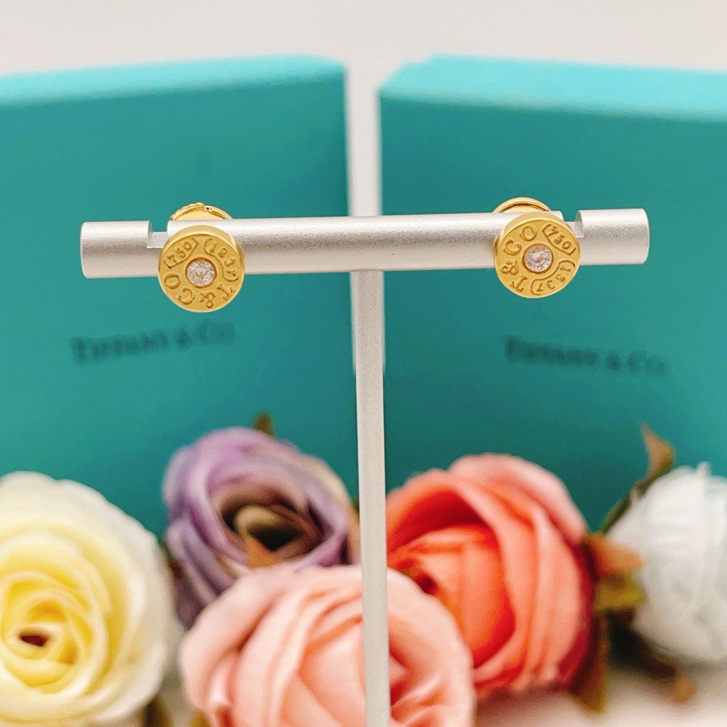 Tiffany Co 1837 Circle Stud Earrings earrings 18k yellow gold with clear round diamond accents 8mm diameter