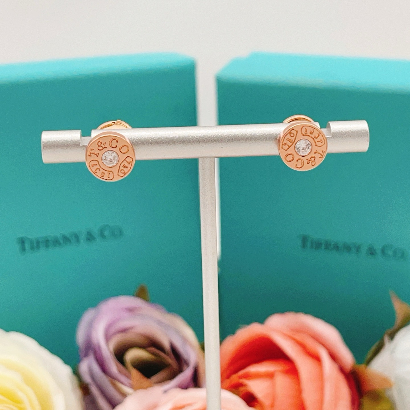 Tiffany 1837 Circle Stud Earrings earrings Rose gold metal with clear diamond accent 6mm stud diameter