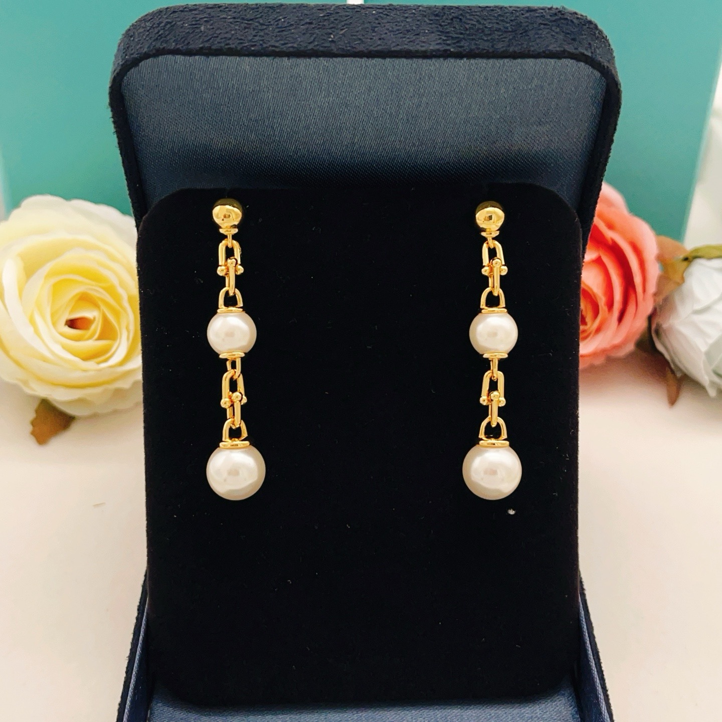 Tiffany Co HardWear Pearl Drop earrings gold-tone metal with white freshwater pearls 4 5cm drop length