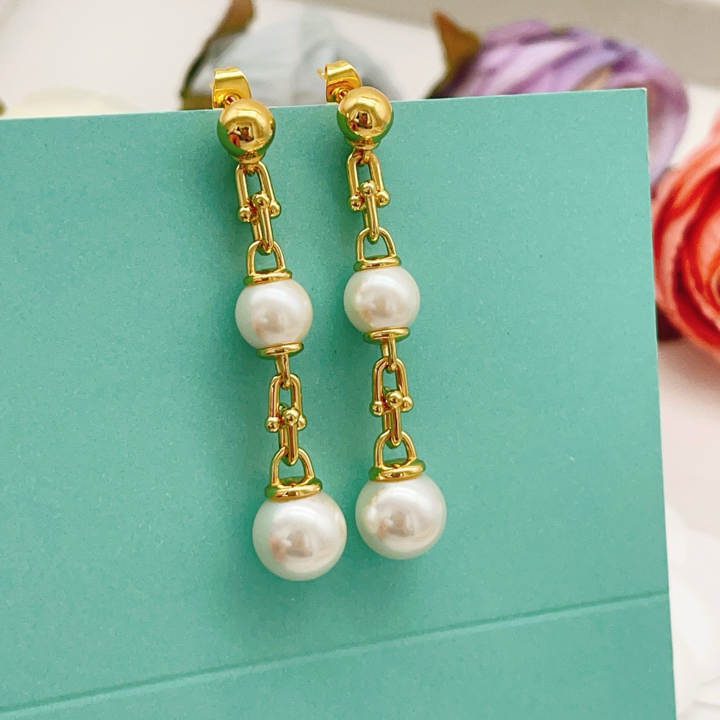 Tiffany Co HardWear Pearl Drop earrings gold-tone metal with white freshwater pearls 4 5cm drop length