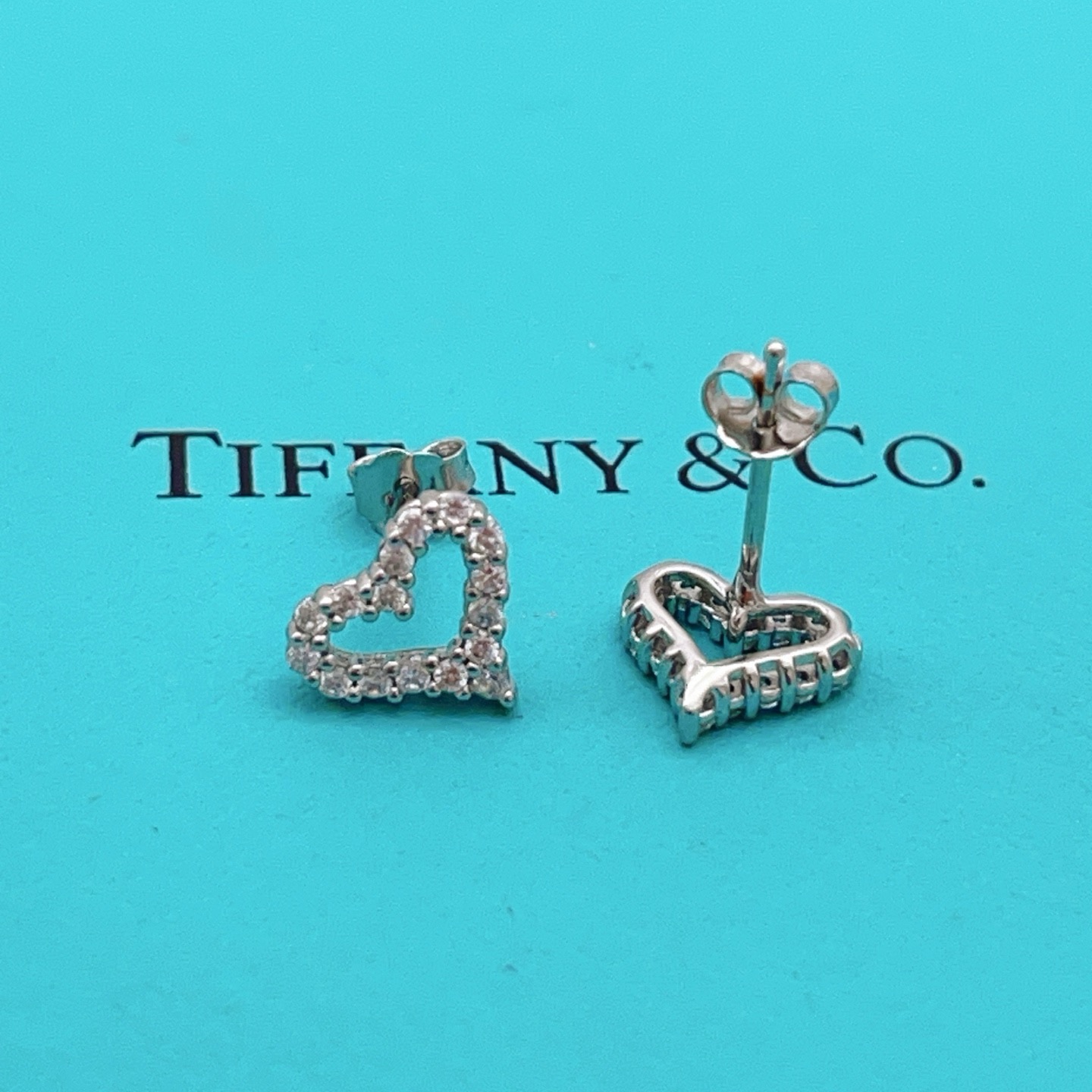 Tiffany Co Diamond Open Heart earrings silver-toned white gold with clear diamonds 8mm stud length