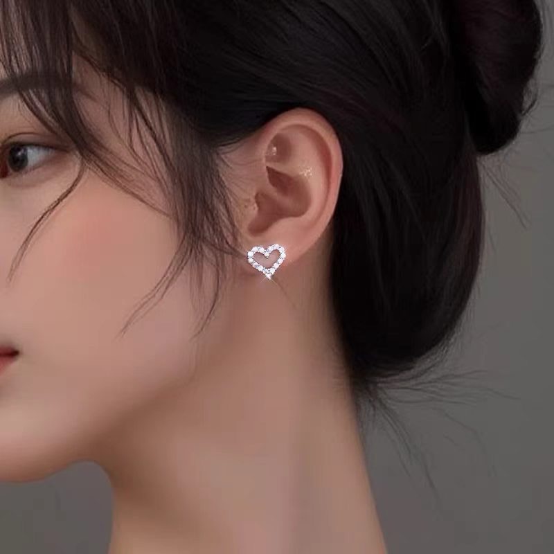 Tiffany Co Diamond Open Heart earrings silver-toned white gold with clear diamonds 8mm stud length