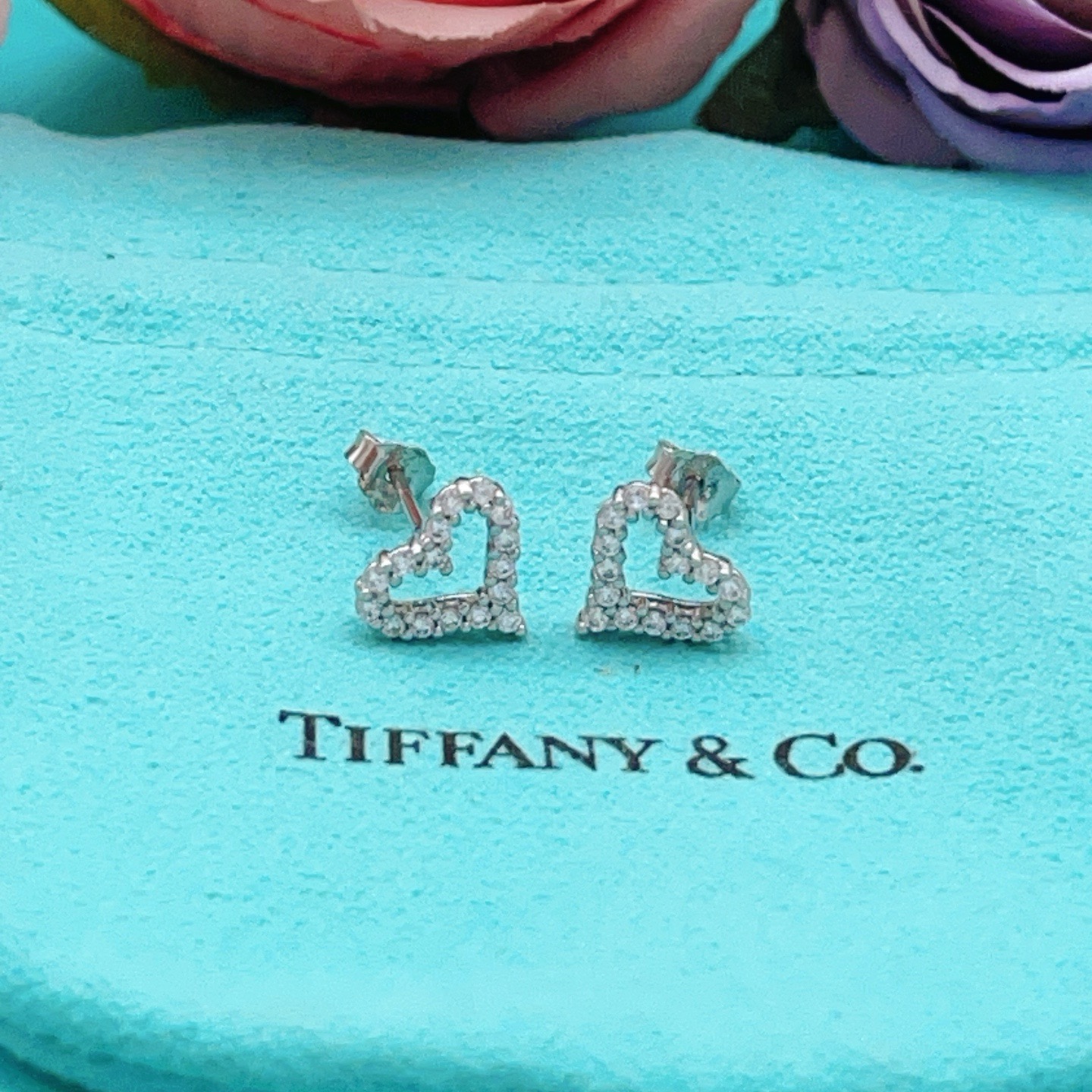 Tiffany Co Diamond Open Heart earrings silver-toned white gold with clear diamonds 8mm stud length