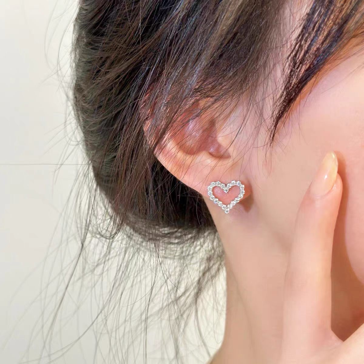 Tiffany Co Diamond Open Heart earrings silver-toned white gold with clear diamonds 8mm stud length
