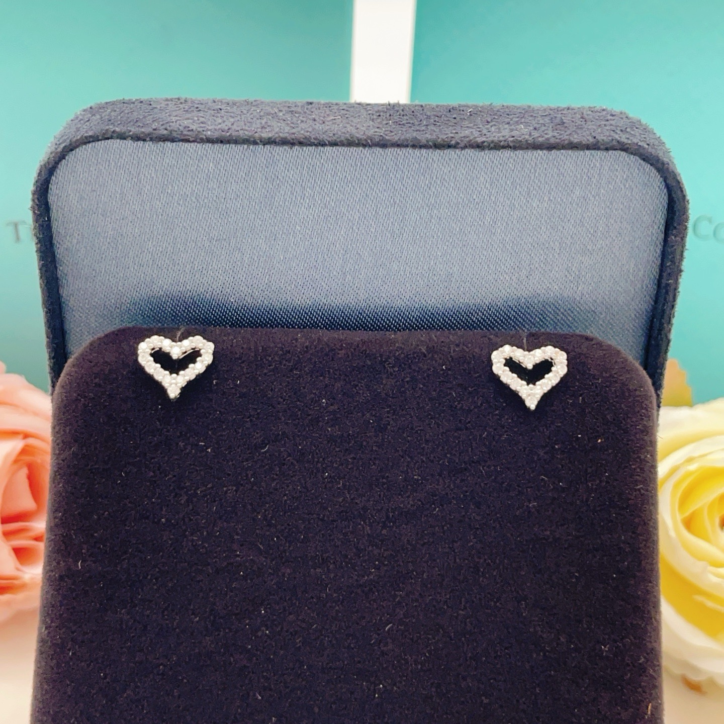 Tiffany Co Diamond Open Heart earrings silver-toned white gold with clear diamonds 8mm stud length