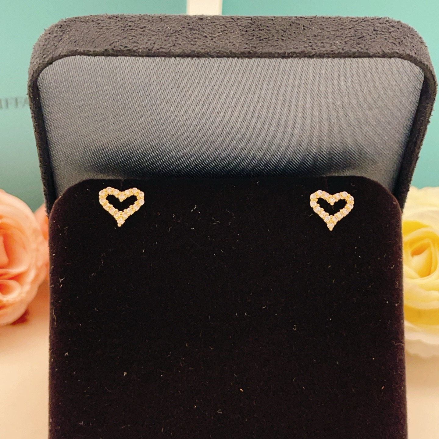 Tiffany Skeleton Heart earrings gold-tone metal with clear pave stones 8mm stud diameter