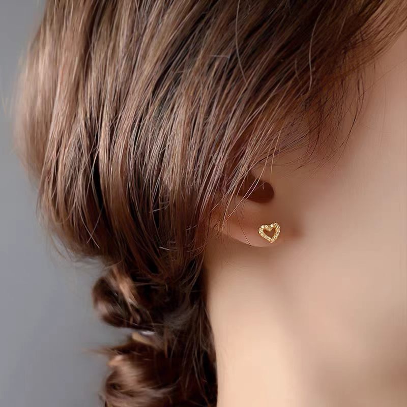 Tiffany Skeleton Heart earrings gold-tone metal with clear pave stones 8mm stud diameter